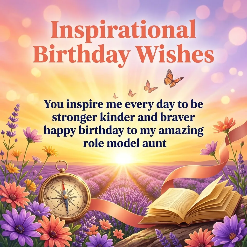 Vibrant inspirational birthday wishes for an aunt displayed over a serene lavender field at sunrise. A vintage gold compass and open book rest among colorful daisies and fluttering butterflies, bathed in warm, golden light to honor an amazing role model.