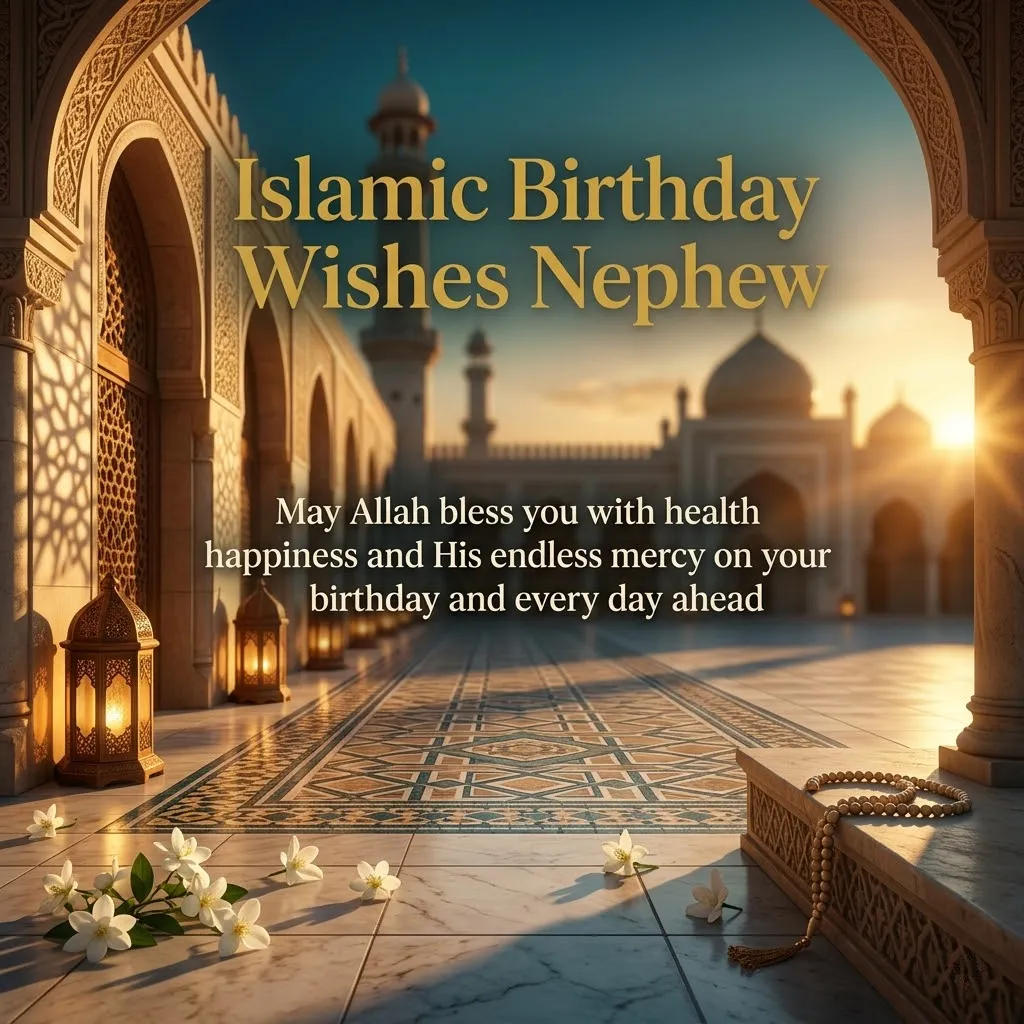 Elegant Islamic birthday wishes for nephew set against a sun-drenched mosque courtyard. Warm golden light illuminates glowing lanterns, delicate white jasmine flowers, and wooden prayer beads on marble floors, with majestic domes and minarets silhouetted against a soft twilight sky.