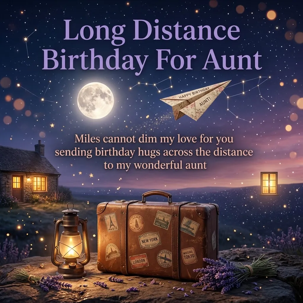 Vintage leather suitcase and glowing lantern on a rocky ledge under a starry night sky. A paper airplane carrying long distance birthday wishes for an aunt flies past a full moon, creating a sentimental scene of connection.