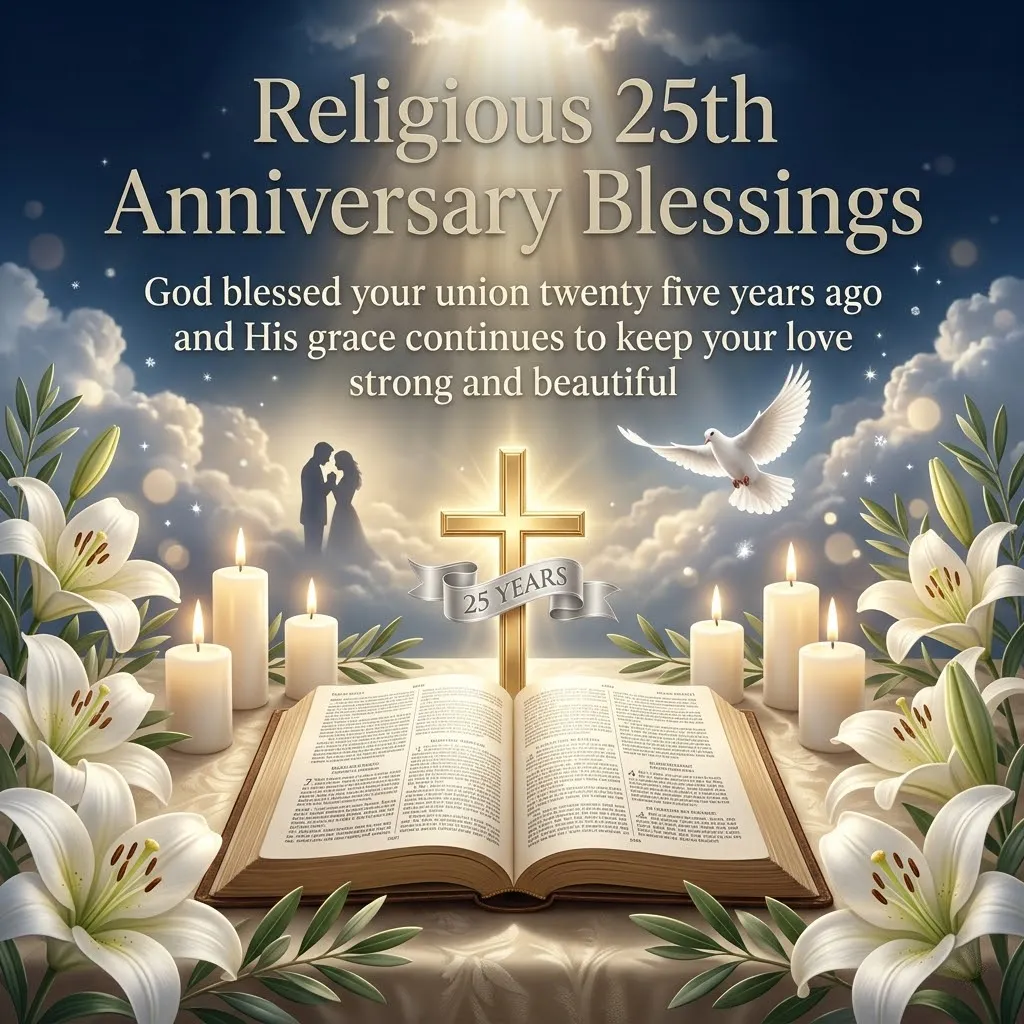 An open Bible and golden cross celebrate religious 25th anniversary blessings, framed by velvety white lilies and flickering candles. A white dove and silhouetted couple appear against an ethereal sky, illuminated by a radiant, heavenly glow from above.