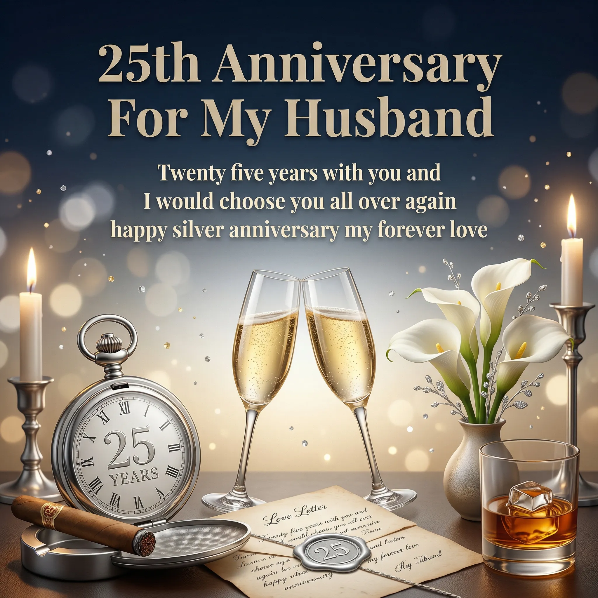 Two clinking champagne flutes and a silver pocket watch engraved with '25 Years' celebrate a 25th wedding anniversary. The elegant setting includes white calla lilies, a glass of whiskey, and a wax-sealed love letter, all illuminated by warm candlelight and golden bokeh for a romantic silver anniversary.