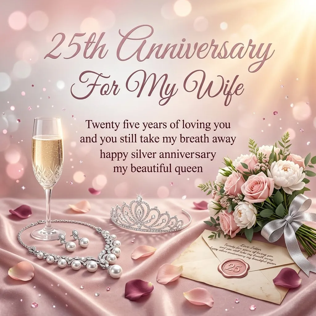 Elegant 25th wedding anniversary tribute featuring shimmering pearl jewelry, a silver tiara, and pink roses on soft draped satin. A bubbling champagne glass and a wax-sealed love letter rest under warm bokeh lighting, creating a romantic atmosphere for a silver anniversary celebration.