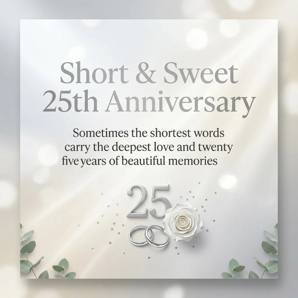 Elegant 25th wedding anniversary wishes displayed on a soft, glowing background featuring polished silver rings, a white rose, and the number twenty-five. Delicate eucalyptus leaves frame the bottom, while ethereal bokeh lighting enhances the sentimental atmosphere of this silver anniversary celebration.