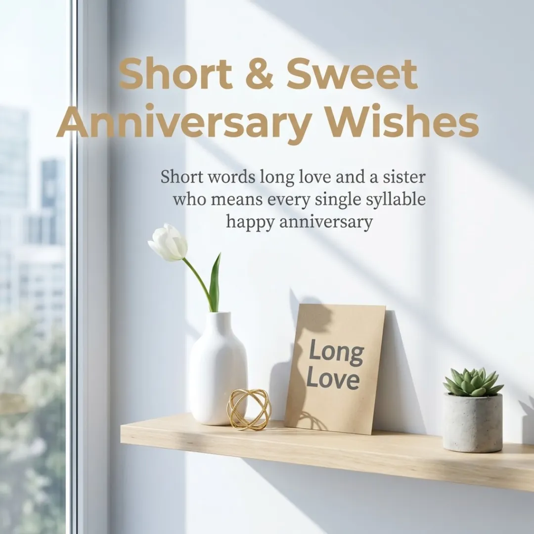 Gold anniversary wishes for sister displayed on a white wall above a wooden shelf with a white tulip and succulent. Soft natural sunlight illuminates the minimalist decor and textured kraft paper card, creating a bright, serene atmosphere.