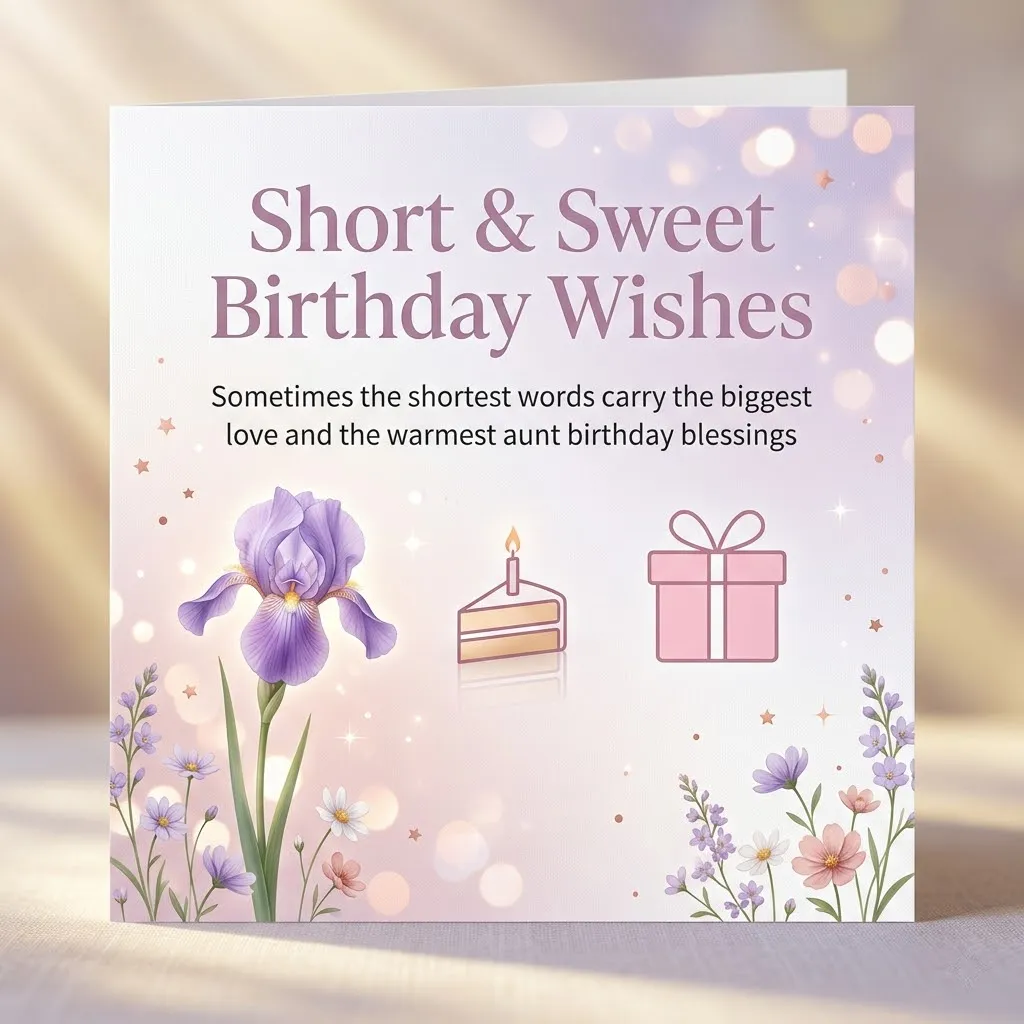Elegant lavender aunt birthday card featuring a vibrant purple iris, a cake slice, and a pink gift box. The design is illuminated by a soft golden glow and bokeh sparkles, with delicate wildflowers framing the bottom against a textured, light-filled pastel background.