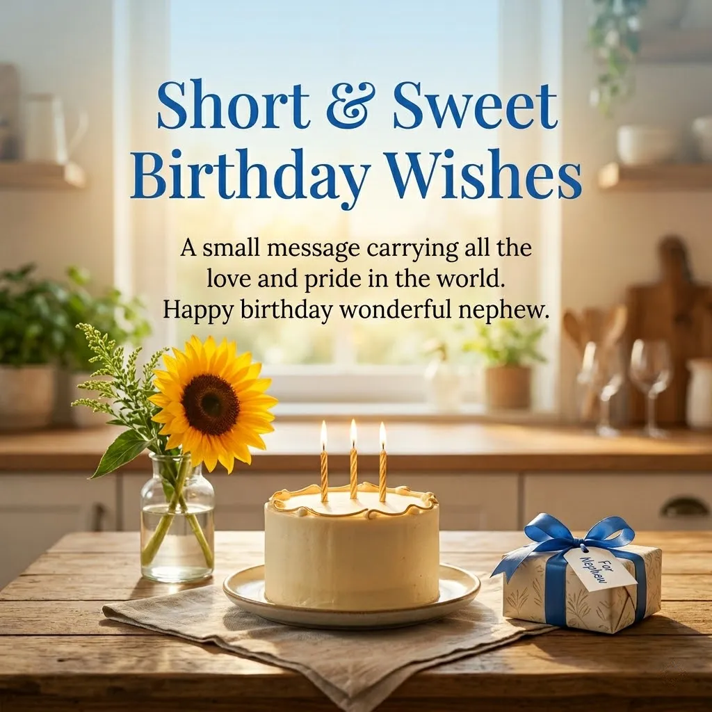 A petite vanilla birthday cake with lit candles sits on a rustic table beside a bright sunflower and blue-ribboned gift. Soft natural light illuminates this scene of birthday wishes for a nephew in a cozy, sunlit kitchen.