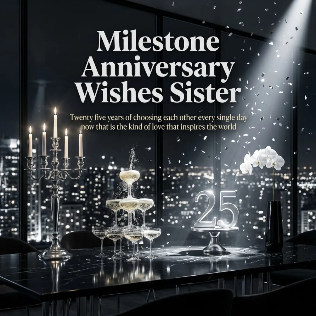 Milestone anniversary wishes for sister displayed above a champagne tower and silver number 25 on a black marble table. Shimmering confetti falls under a dramatic spotlight against a twinkling city skyline, creating an elegant celebratory atmosphere.