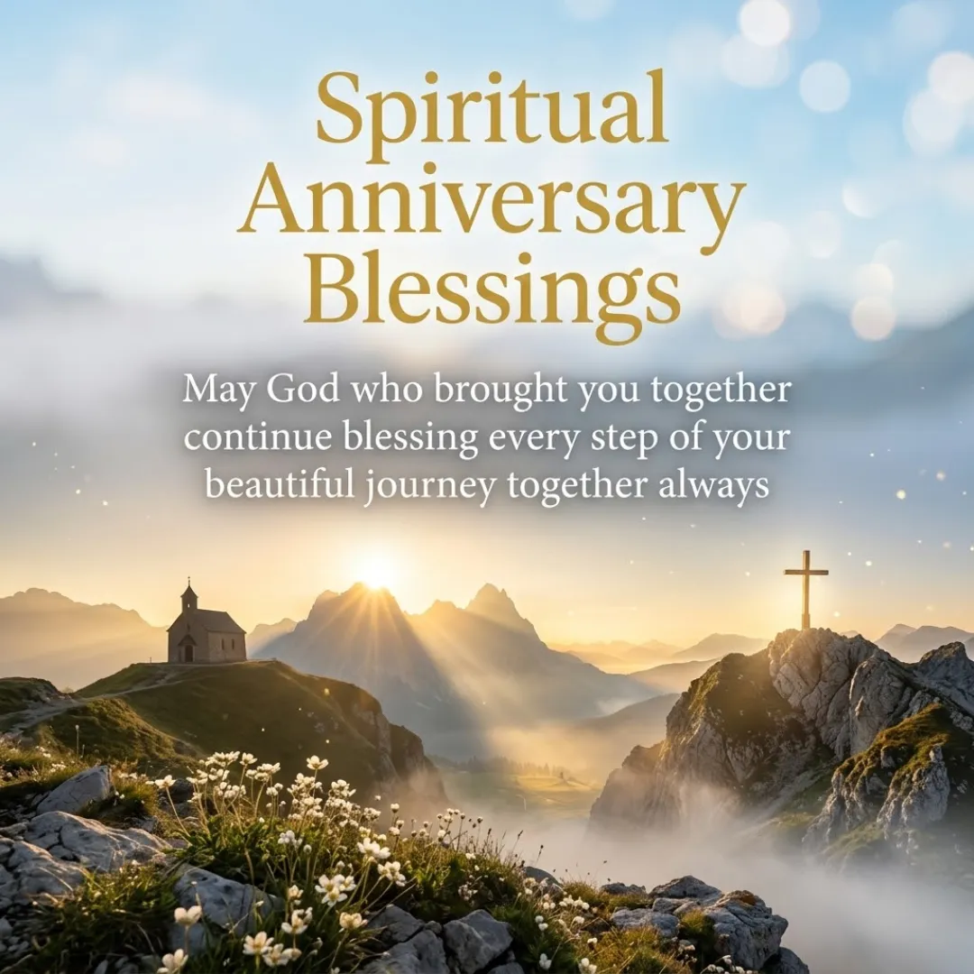 Elegant gold text for spiritual anniversary blessings set against a majestic mountain landscape at sunrise. A small stone chapel and a wooden cross overlook a misty valley, illuminated by radiant sunbeams and framed by delicate white wildflowers.