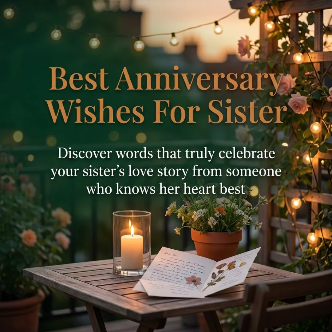 A handwritten card with pressed flowers rests on a rustic wooden table beside a glowing candle. This cozy balcony scene, illuminated by warm string lights and pink roses at twilight, provides a serene backdrop for the best anniversary wishes for sister.