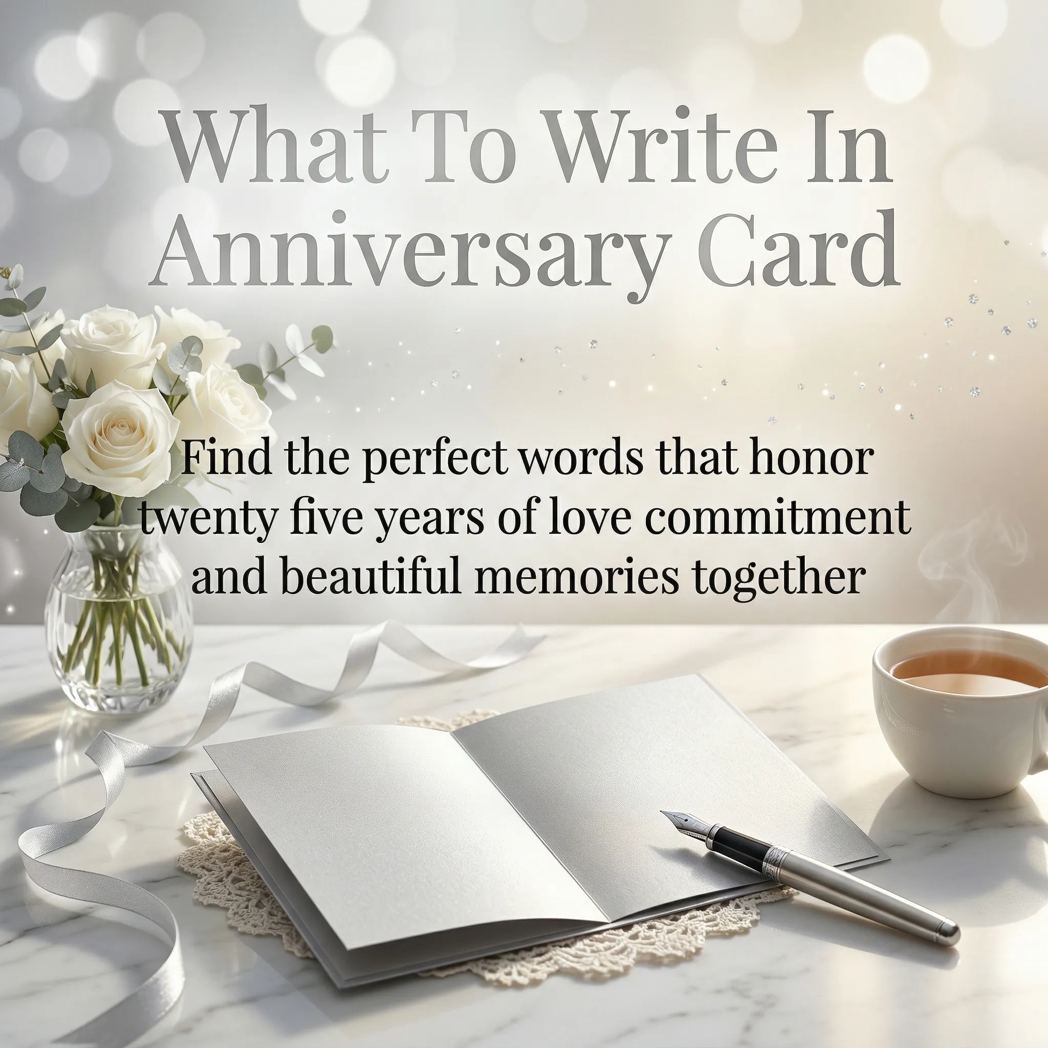 An open silver anniversary card and fountain pen rest on a marble table beside white roses and steaming tea. This elegant setting for 25th wedding anniversary wishes is bathed in soft, bright light with a festive bokeh background and delicate silk ribbon.